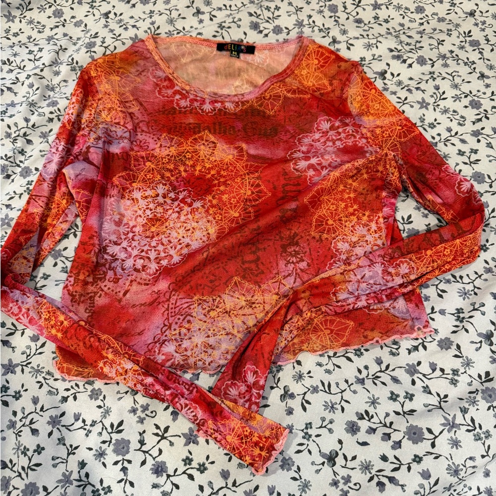 dELiA*s Vibrant Red and Orange Sheer Long Sleeve Top